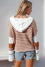 Openwork-Kontrast in voller Größe Langarmpullover mit Kapuzepullover