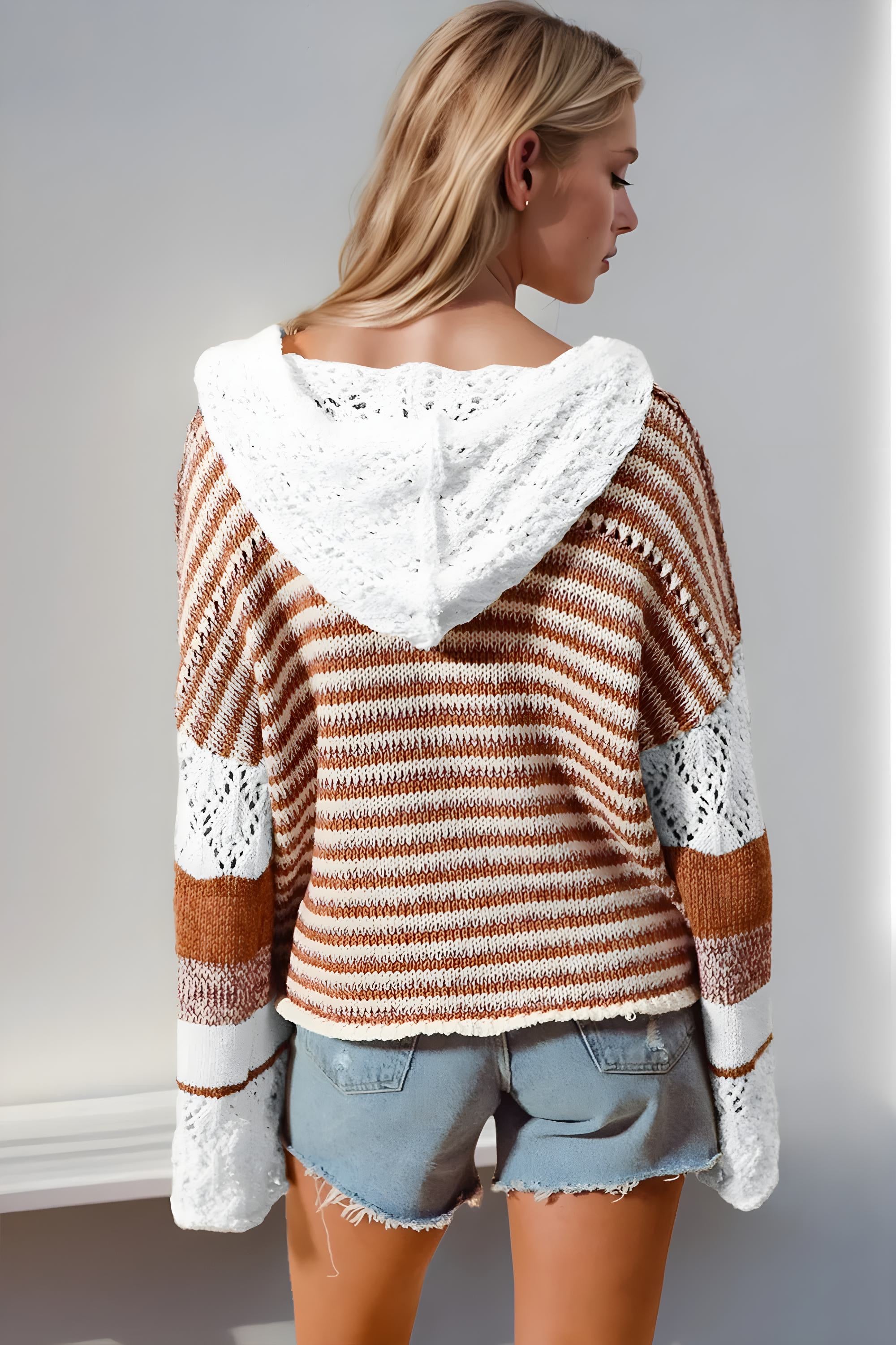 Full-Size Openwork Contrast Long Sleeve Hooded Sweater