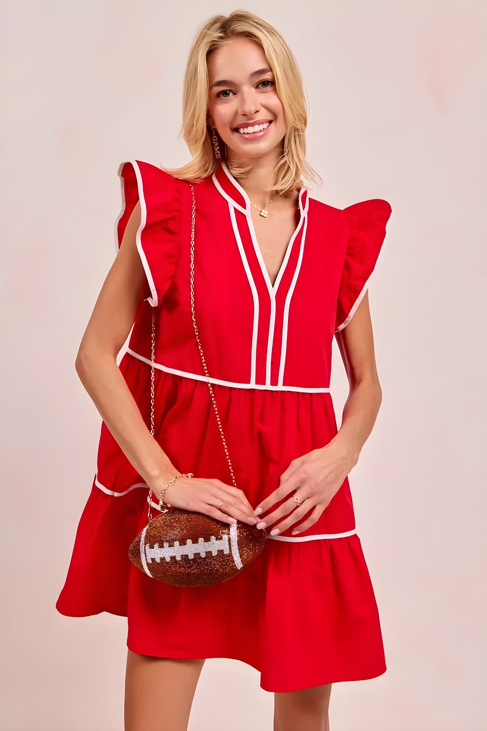 BiBi Gameday Theme Contrast Binding Ruffled Dress