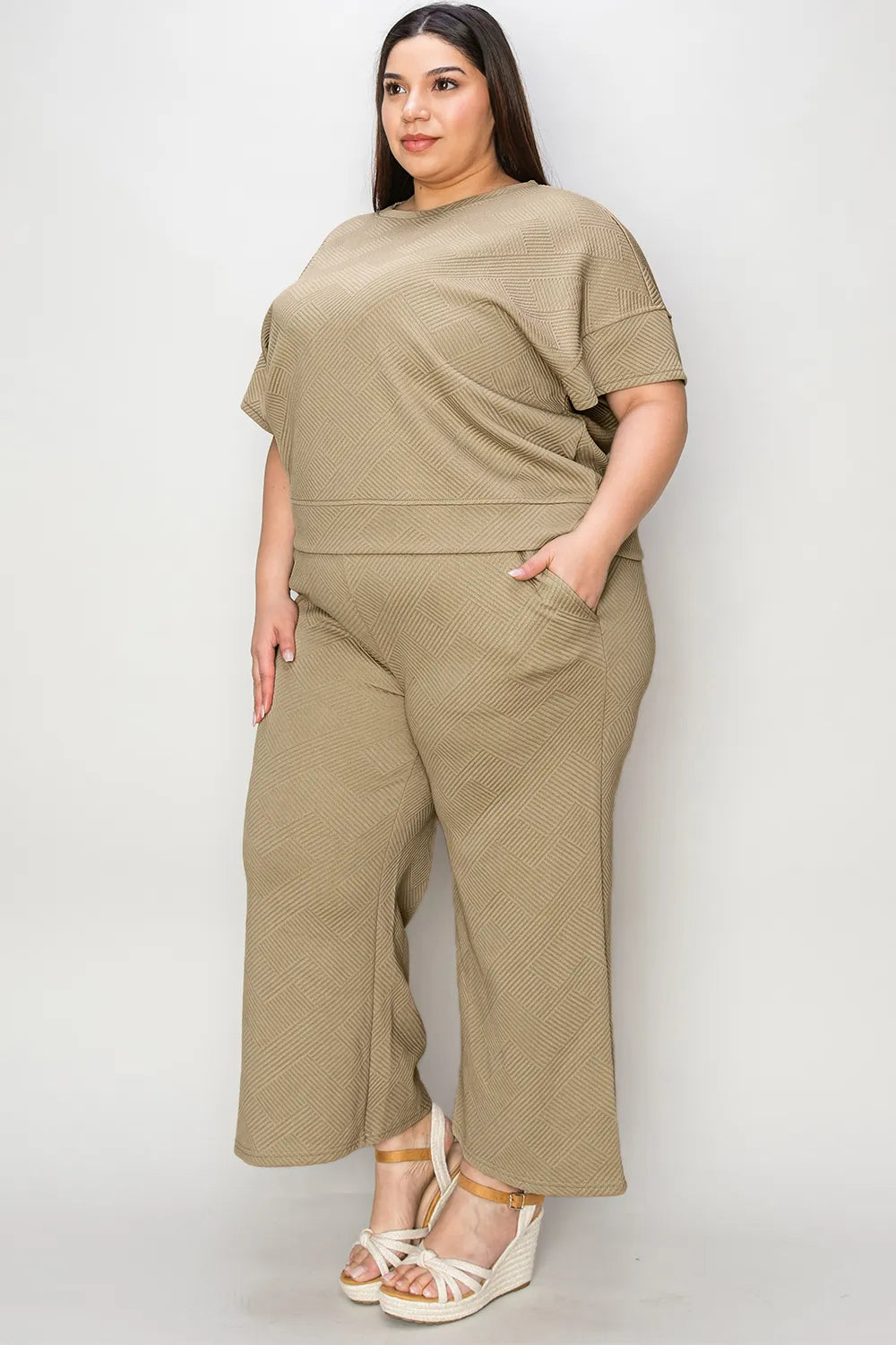 Double Take Full Size Texture Short Sleeve Top and Pants Set - Modanista Fashion