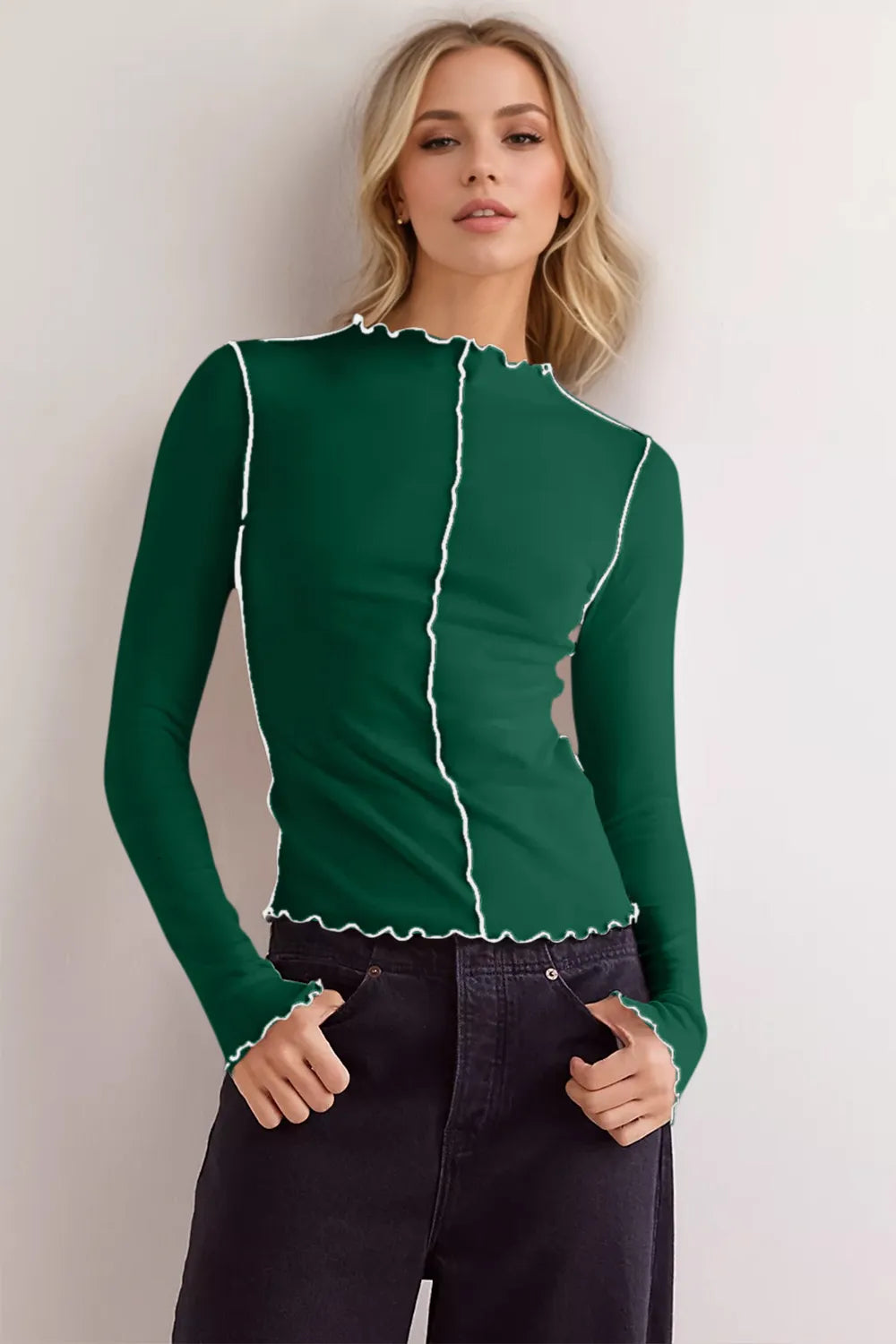 Basic Bae Contrast Trim Mock Neck Long Sleeve T-Shirt - Modanista Fashion