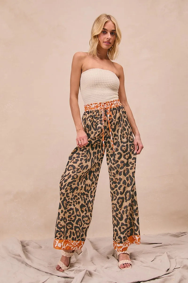 BiBi Leopard Print With Contrast Banded Wide Pants - Modanista Fashion