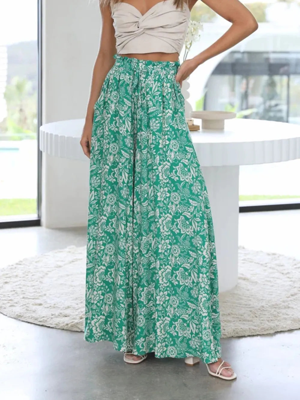 Drawstring Paperbag Waist Printed Wide Leg Pants - Modanista Fashion