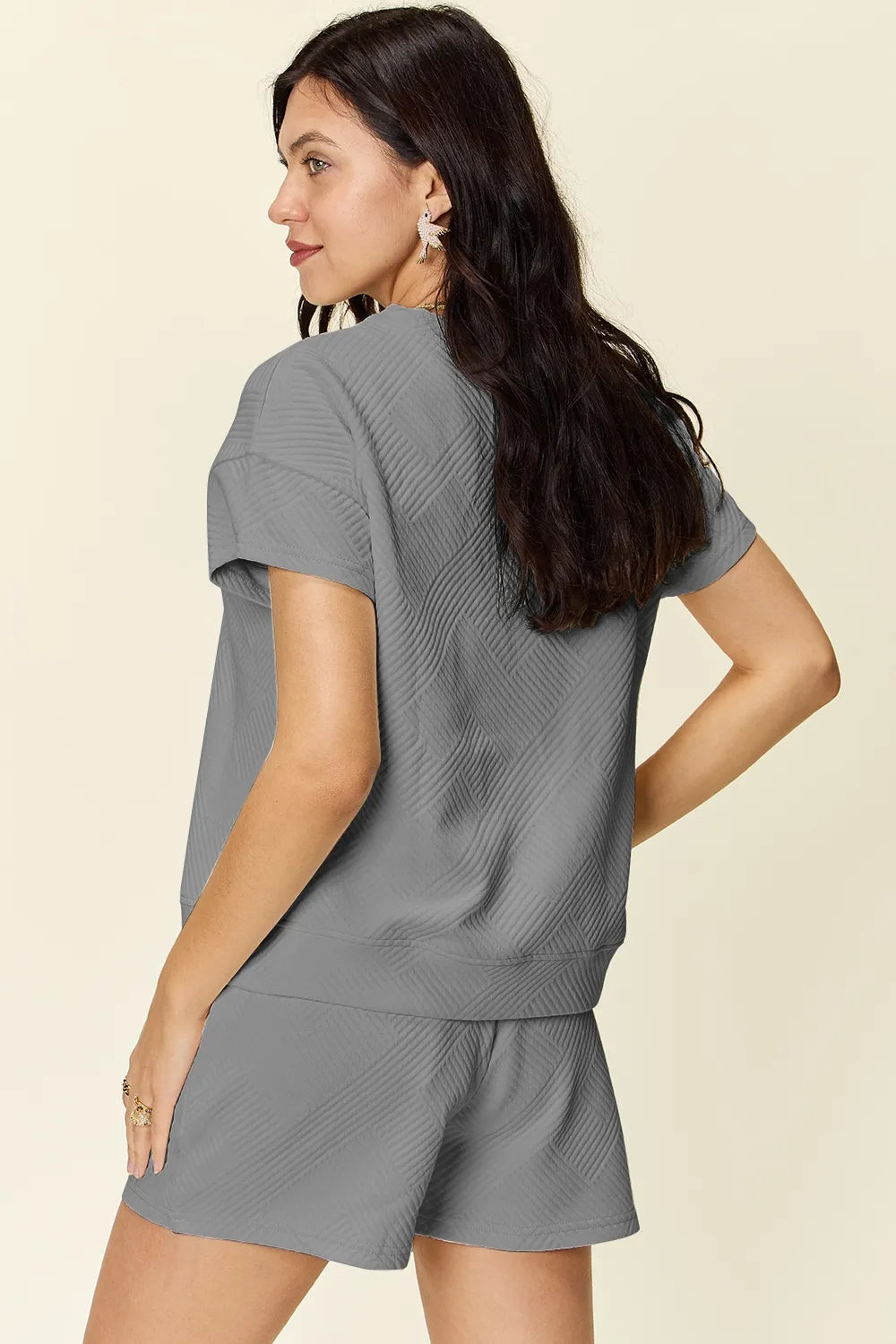 Double Take Full Size Texture Short Sleeve T-Shirt and Drawstring Shorts Set - Modanista Fashion