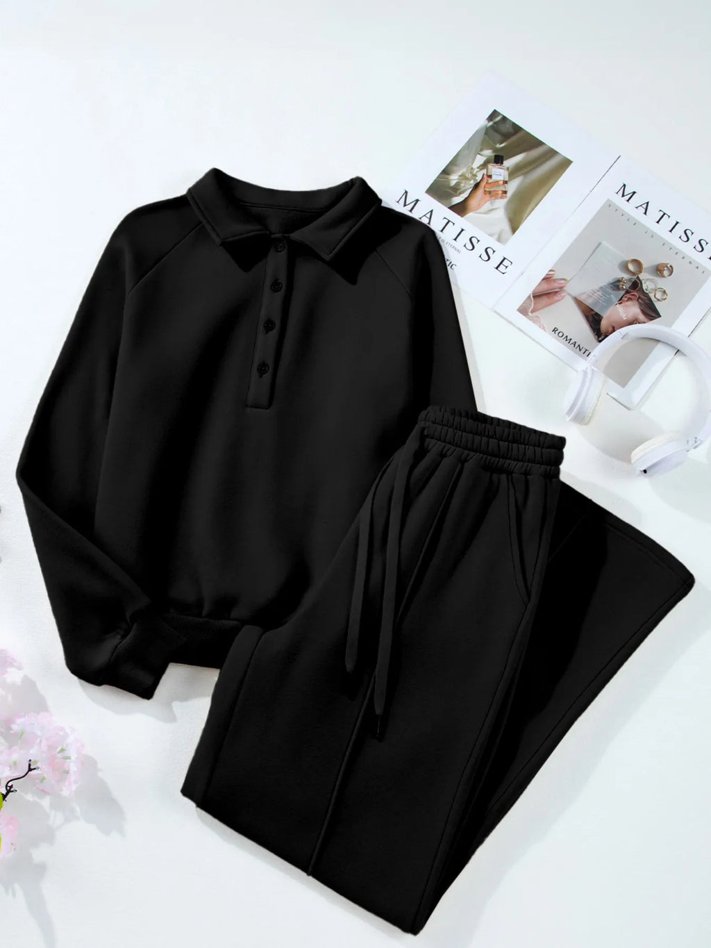 Collared Sweatshirt and High Waist Pants Active Set - Modanista Fashion
