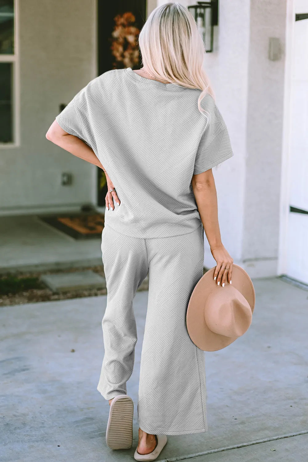 Double Take Full Size Texture Short Sleeve Top and Pants Set - Modanista Fashion