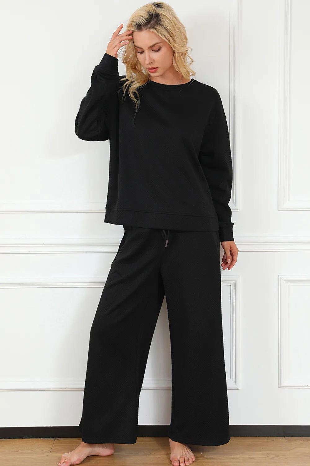 Double Take Full Size Textured Long Sleeve Top and Drawstring Pants Set - Modanista Fashion