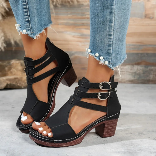 Block Heel Buckle Strap Sandals - Modanista Fashion