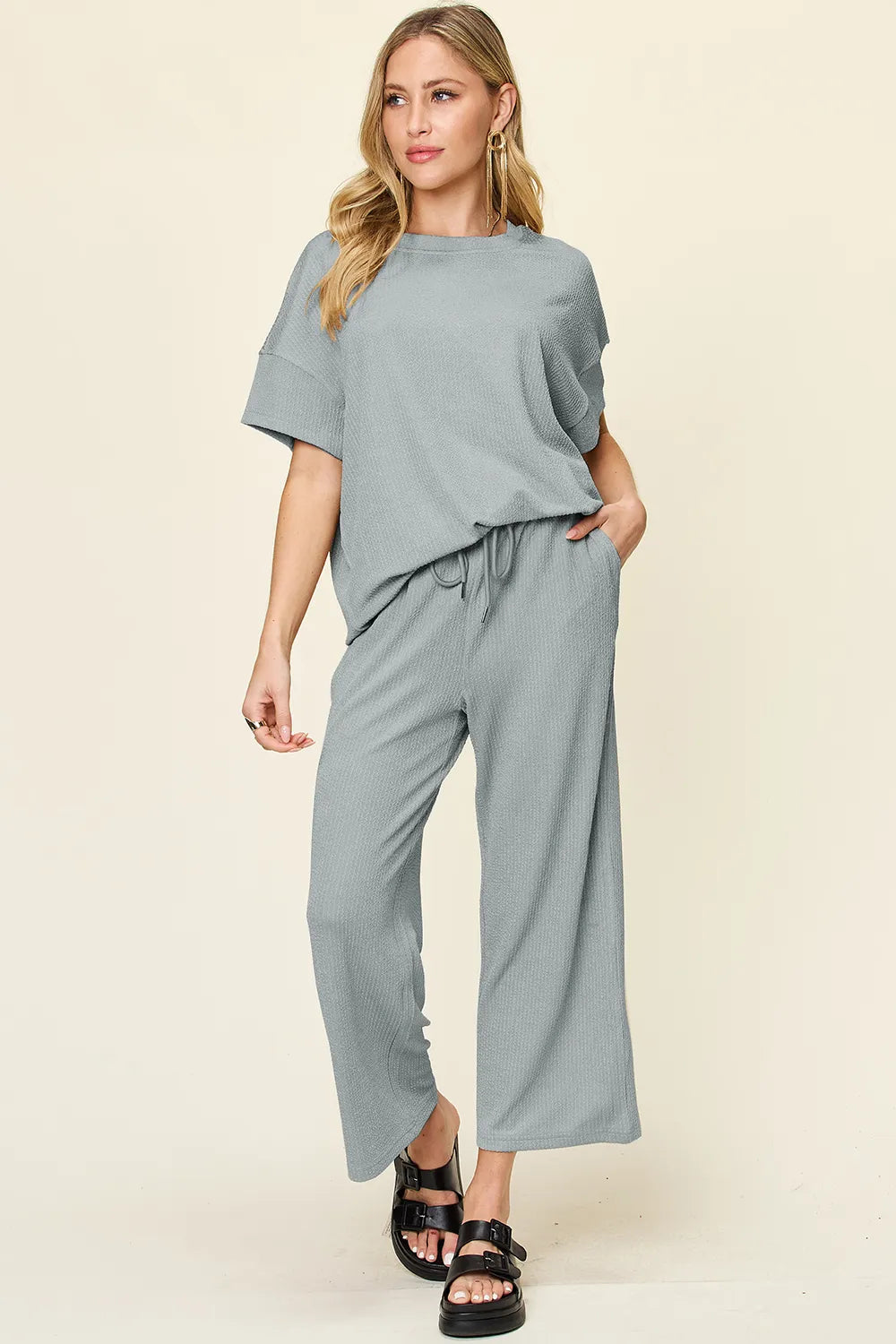 Double Take Full Size Texture Round Neck Short Sleeve T-Shirt and Wide Leg Pants - Modanista Fashion