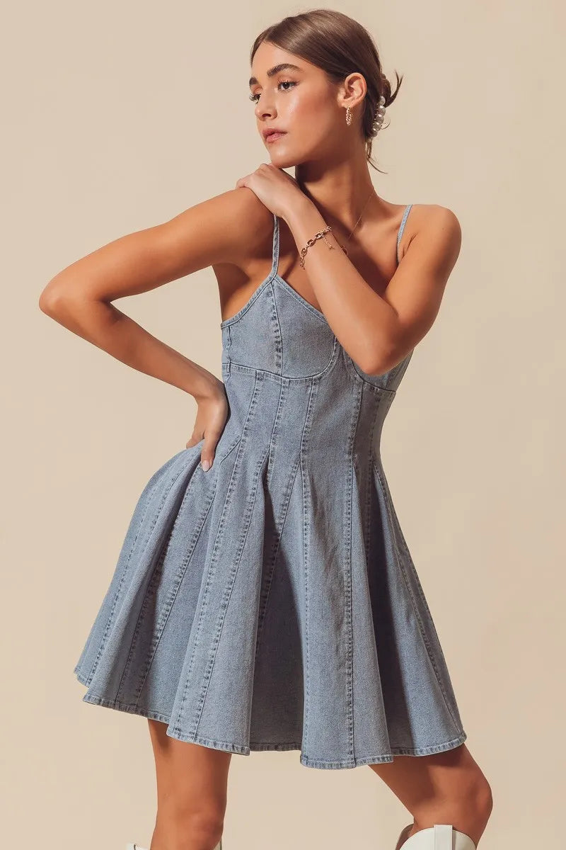 SO ME A Line Fit and Flare Denim Mini Dress - Modanista Fashion