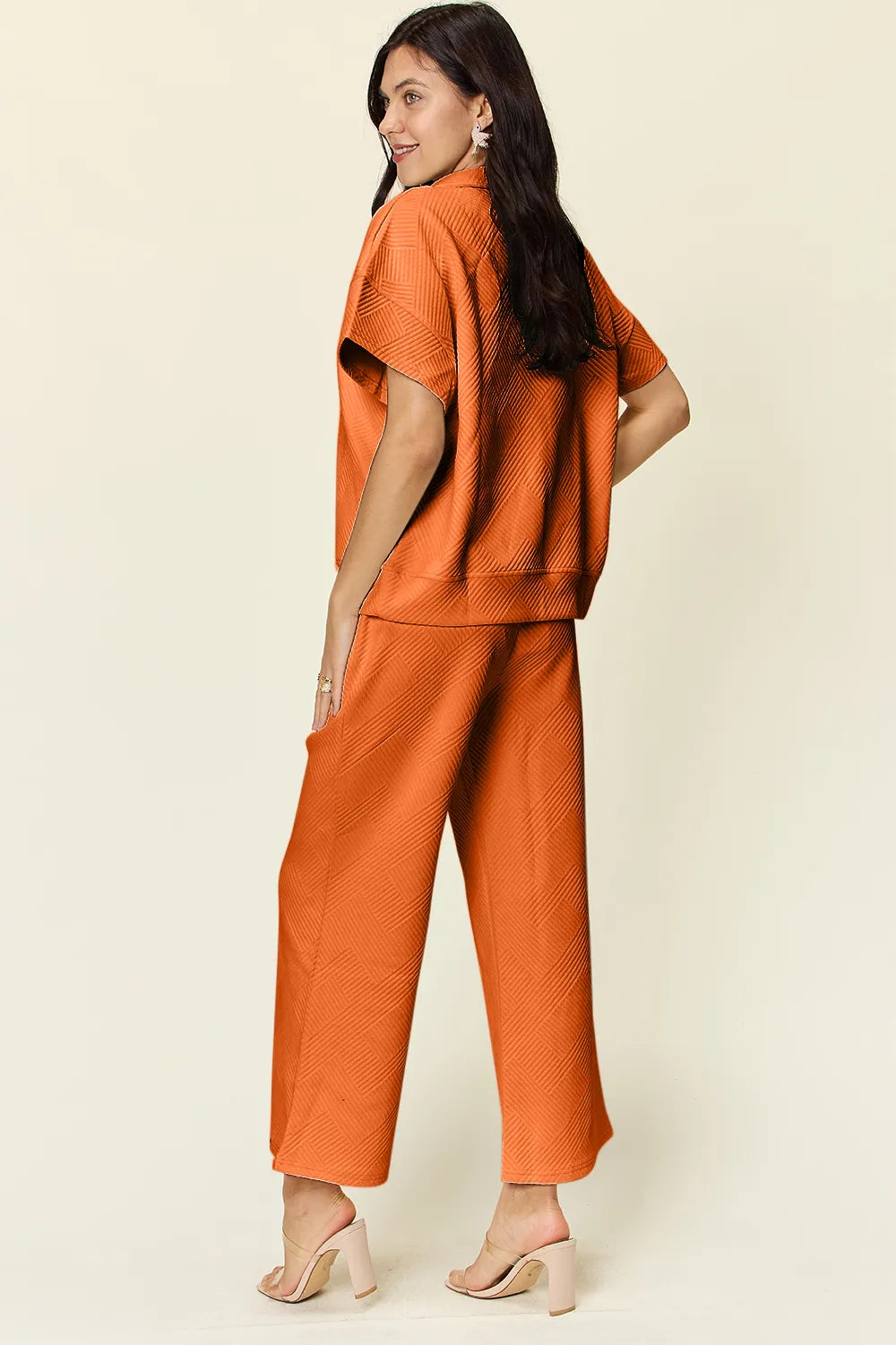 Double Take Full Size Texture Half Zip Short Sleeve Top and Pants Set - Modanista Fashion