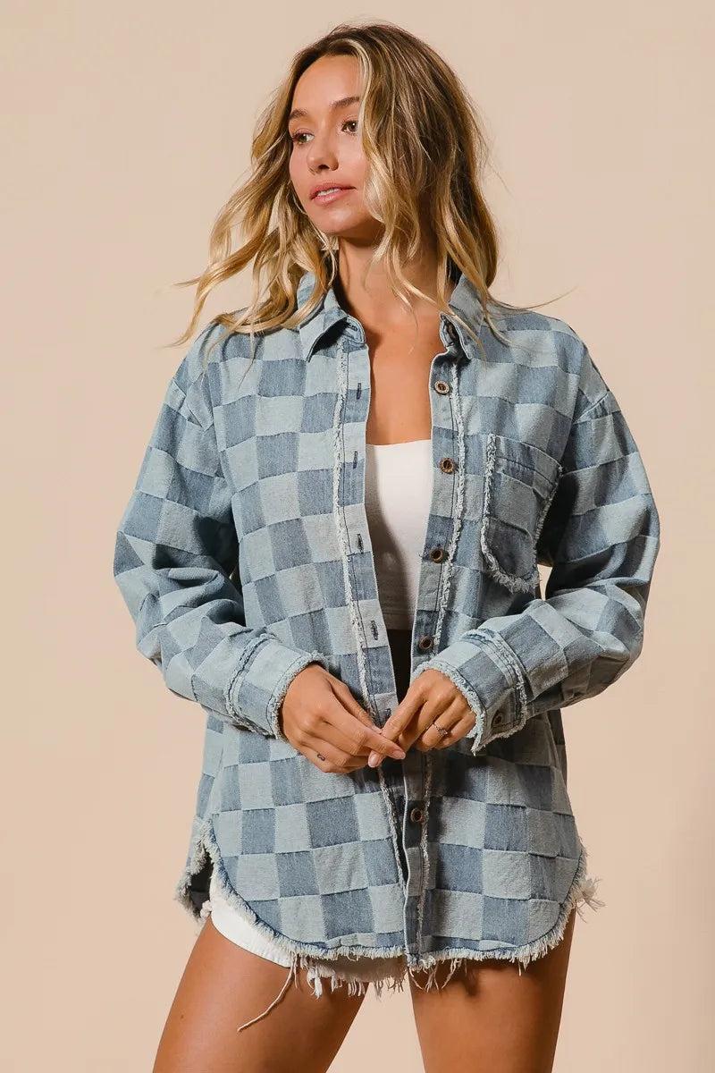 BiBi Frayed Edged Detail Washed Checker Denim Shirt - Modanista Fashion