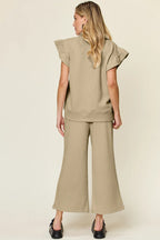 Double Take Texture Ruffle Short Sleeve Top and Drawstring Wide Leg Pants Set - Modanista Fashion