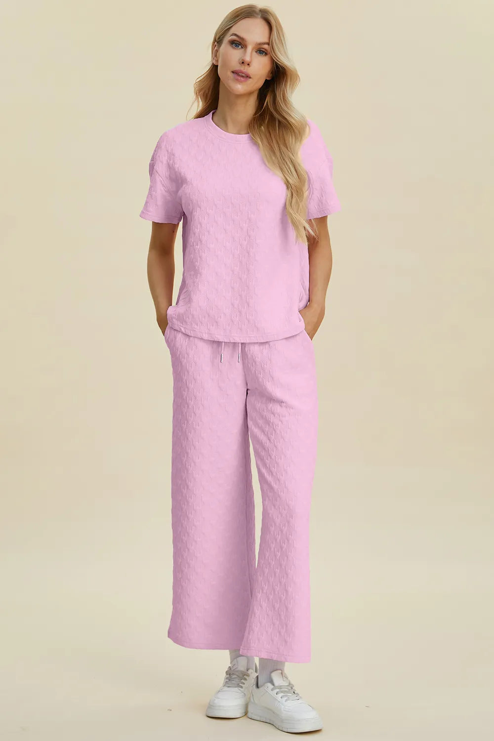 Double Take Full Size Texture Round Neck Short Sleeve Top and Pants Set - Modanista Fashion