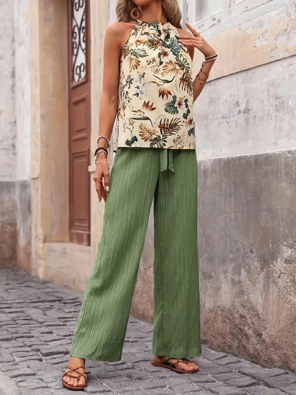 Printed Tank Top and Wide Leg Pants Set - Modanista Fashion