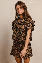 BiBi Leopard Print Waffle Texture Layered Ruffle Sleeve Top and Shorts Set - Modanista Fashion