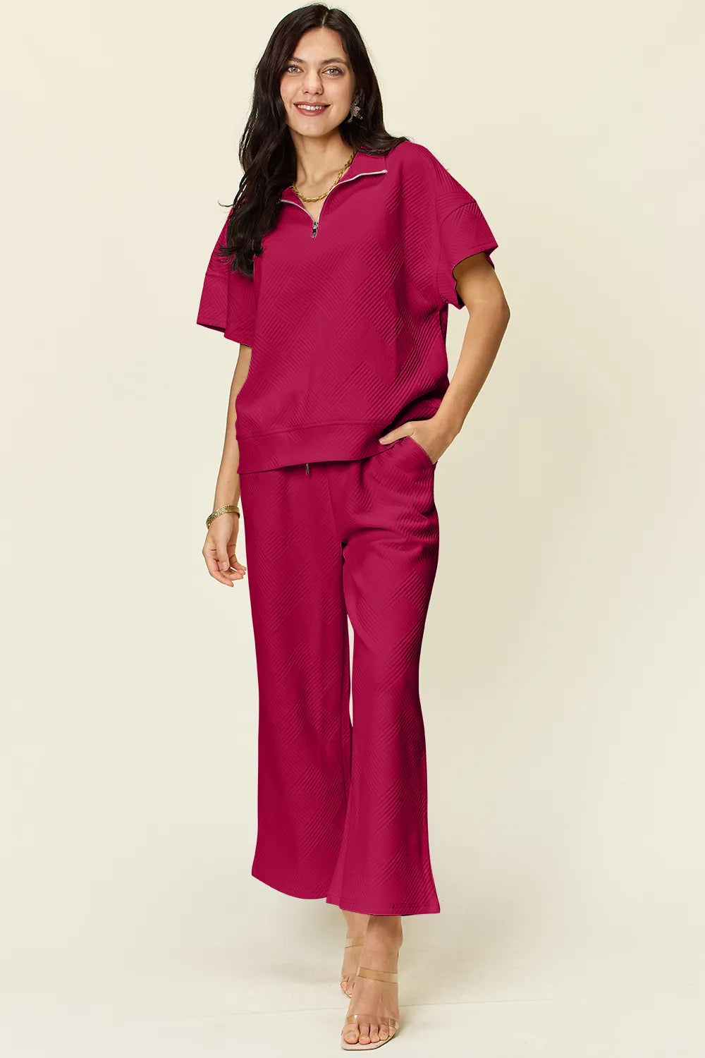 Double Take Full Size Texture Half Zip Short Sleeve Top and Pants Set - Modanista Fashion