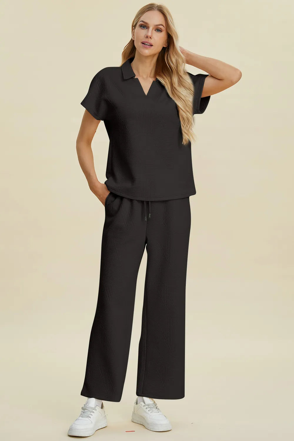 Double Take Full Size Collared Neck Short Sleeve Top and Pants Set - Modanista Fashion