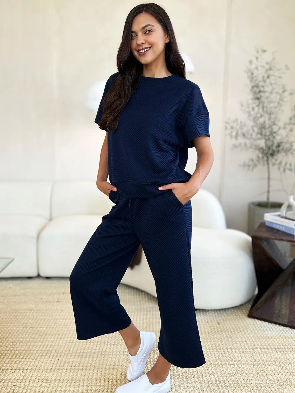 Double Take Full Size Texture Short Sleeve Top and Pants Set - Modanista Fashion