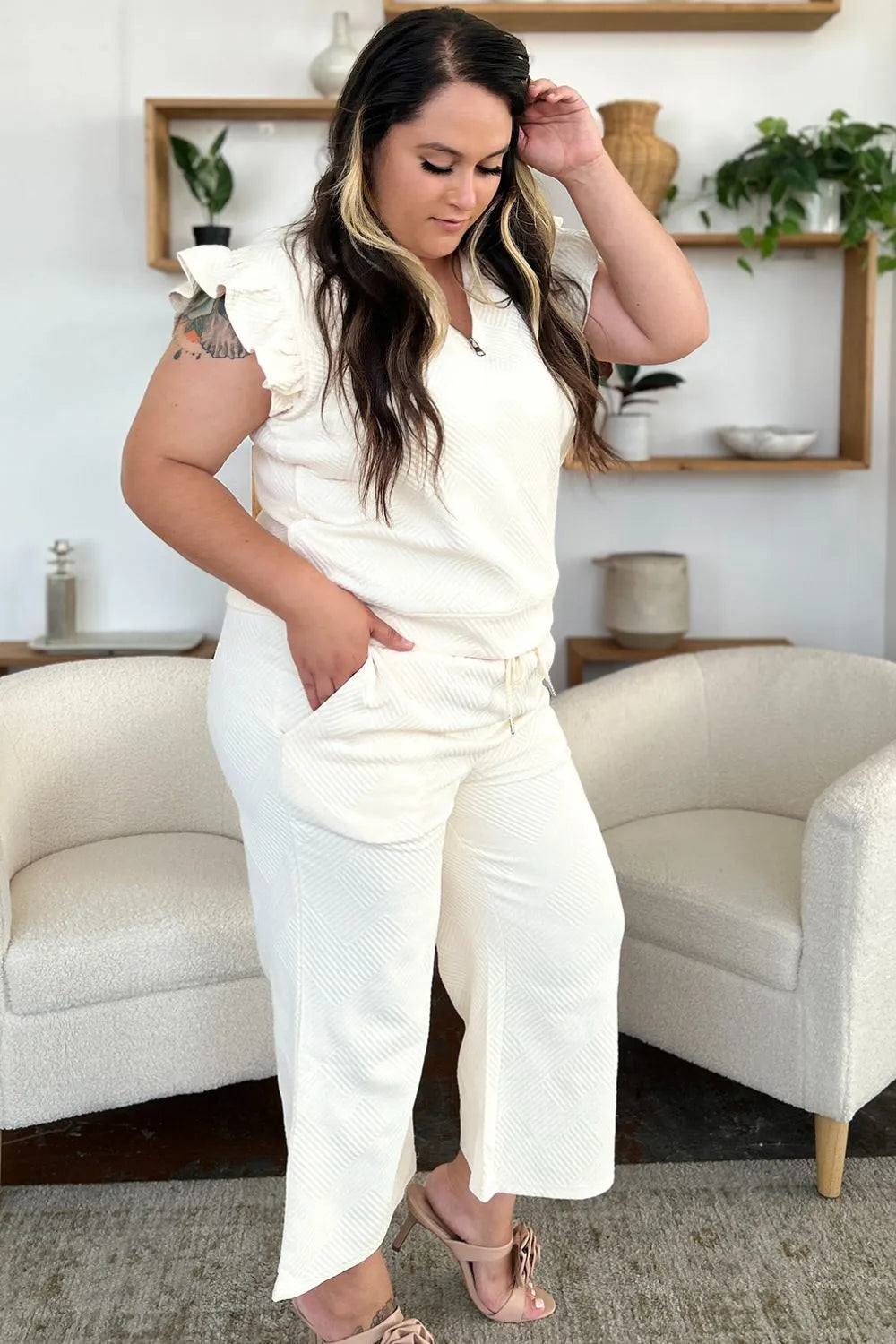 Double Take Texture Ruffle Short Sleeve Top and Drawstring Wide Leg Pants Set - Modanista Fashion