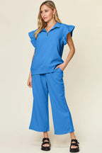 Double Take Texture Ruffle Short Sleeve Top and Drawstring Wide Leg Pants Set - Modanista Fashion