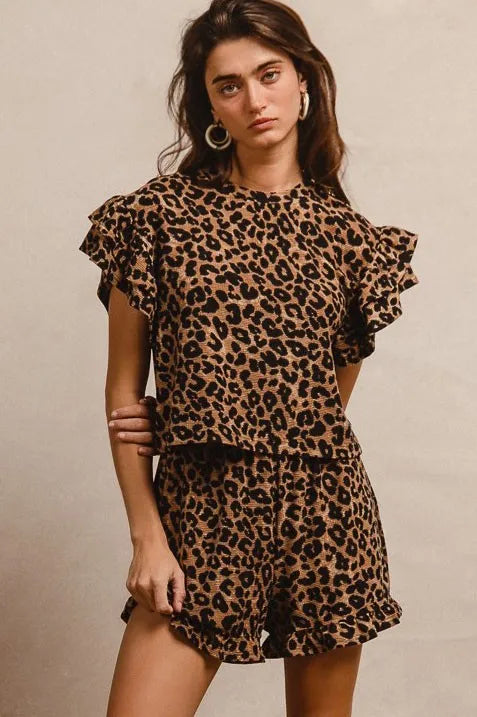 BiBi Leopard Print Waffle Texture Layered Ruffle Sleeve Top and Shorts Set - Modanista Fashion