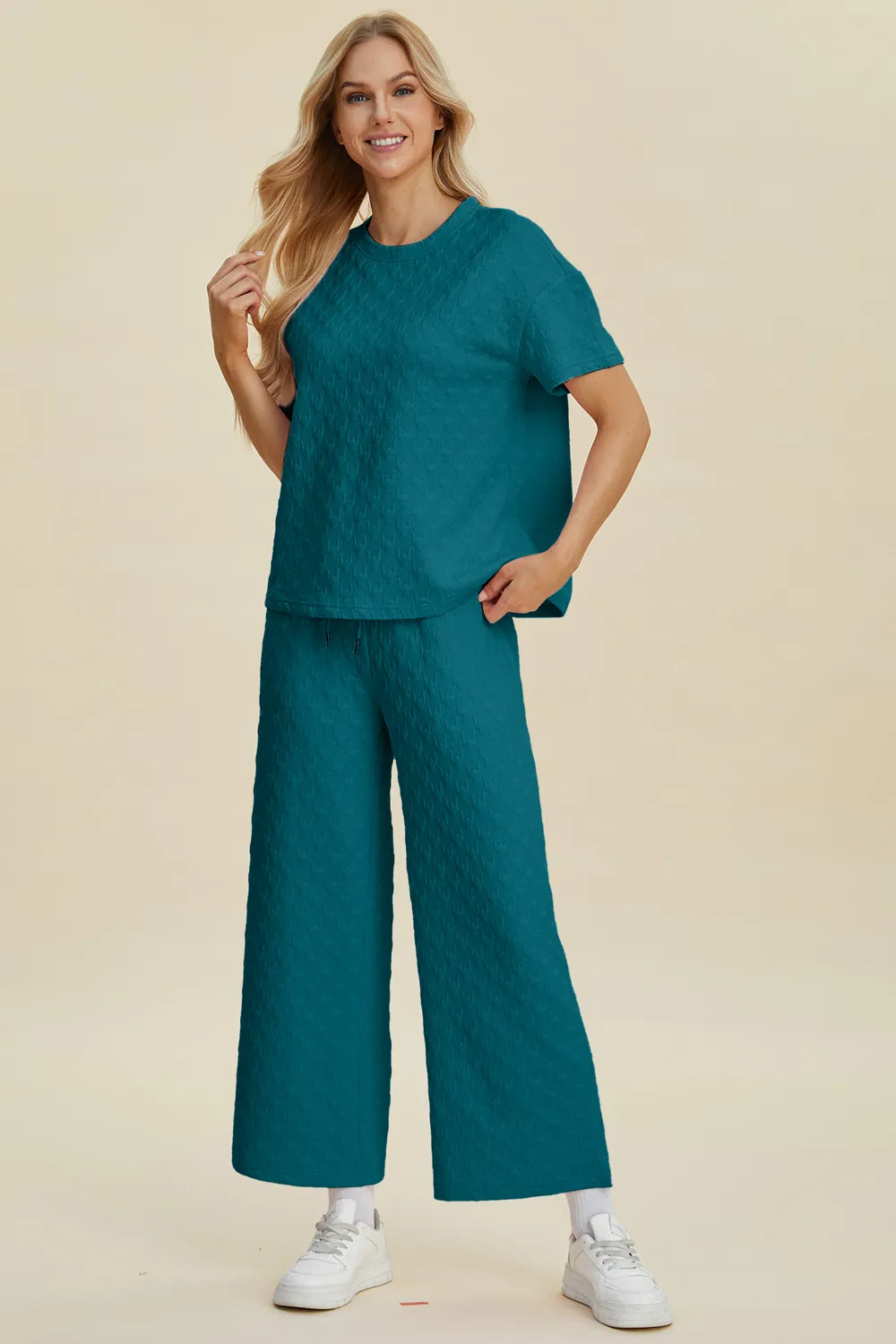 Double Take Full Size Texture Round Neck Short Sleeve Top and Pants Set - Modanista Fashion