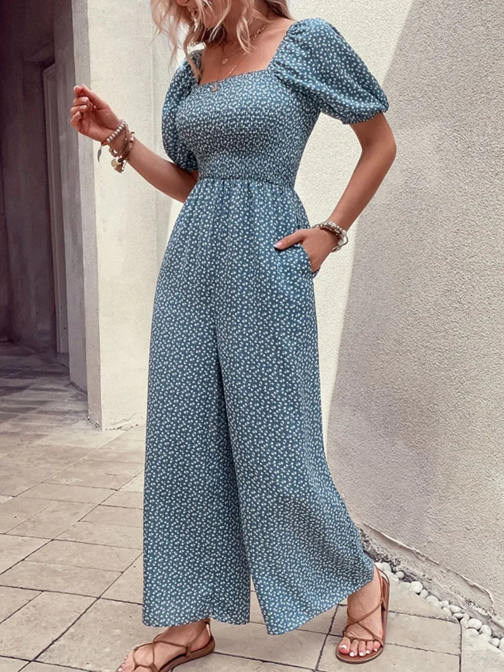 Printed Square Neck Puff Sleeve Jumpsuit - Modanista Fashion