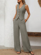 V-Neck Button Down Vest and Wide Leg Pants Set - Modanista Fashion