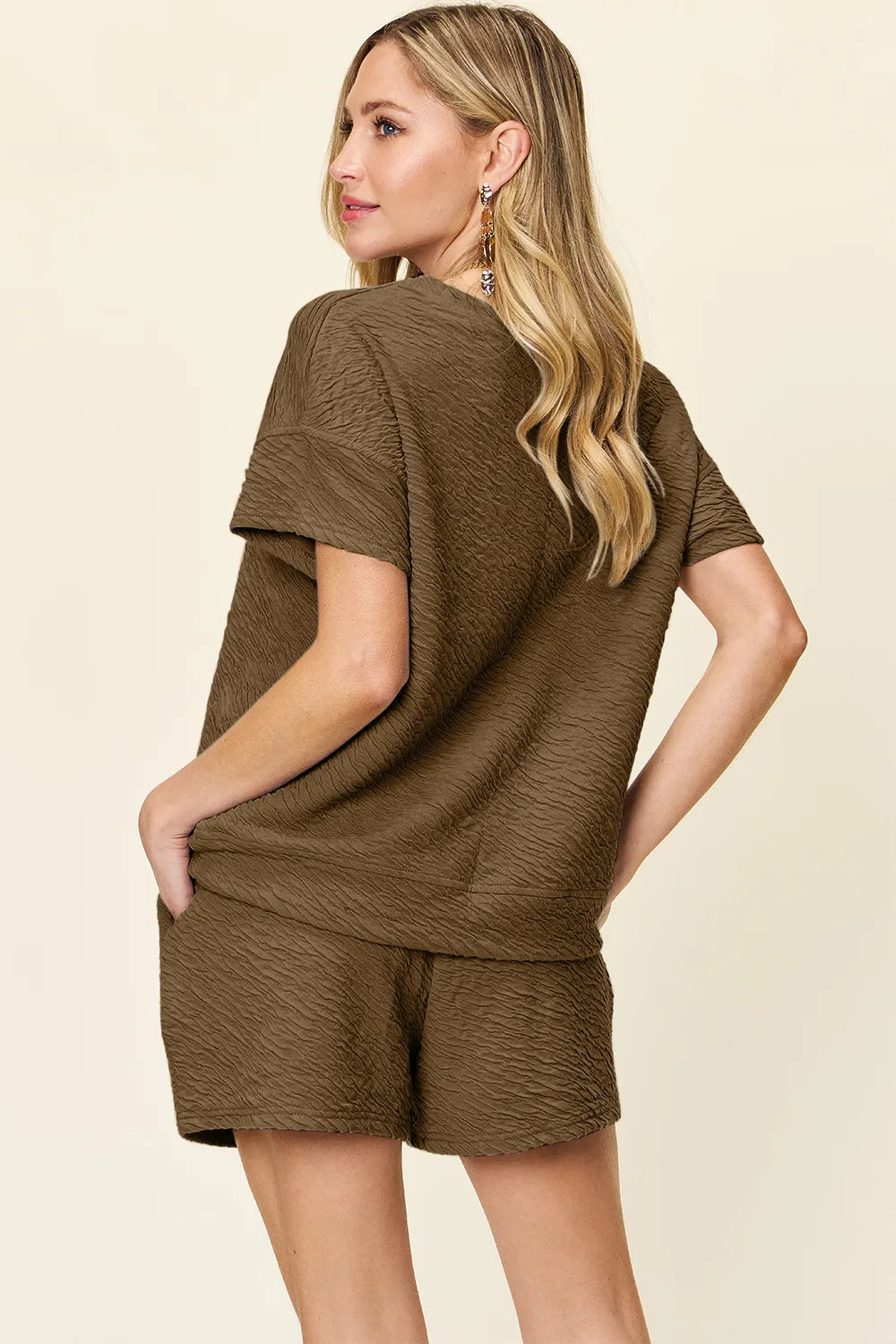 Double Take Full Size Texture Short Sleeve T-Shirt and Drawstring Shorts Set - Modanista Fashion