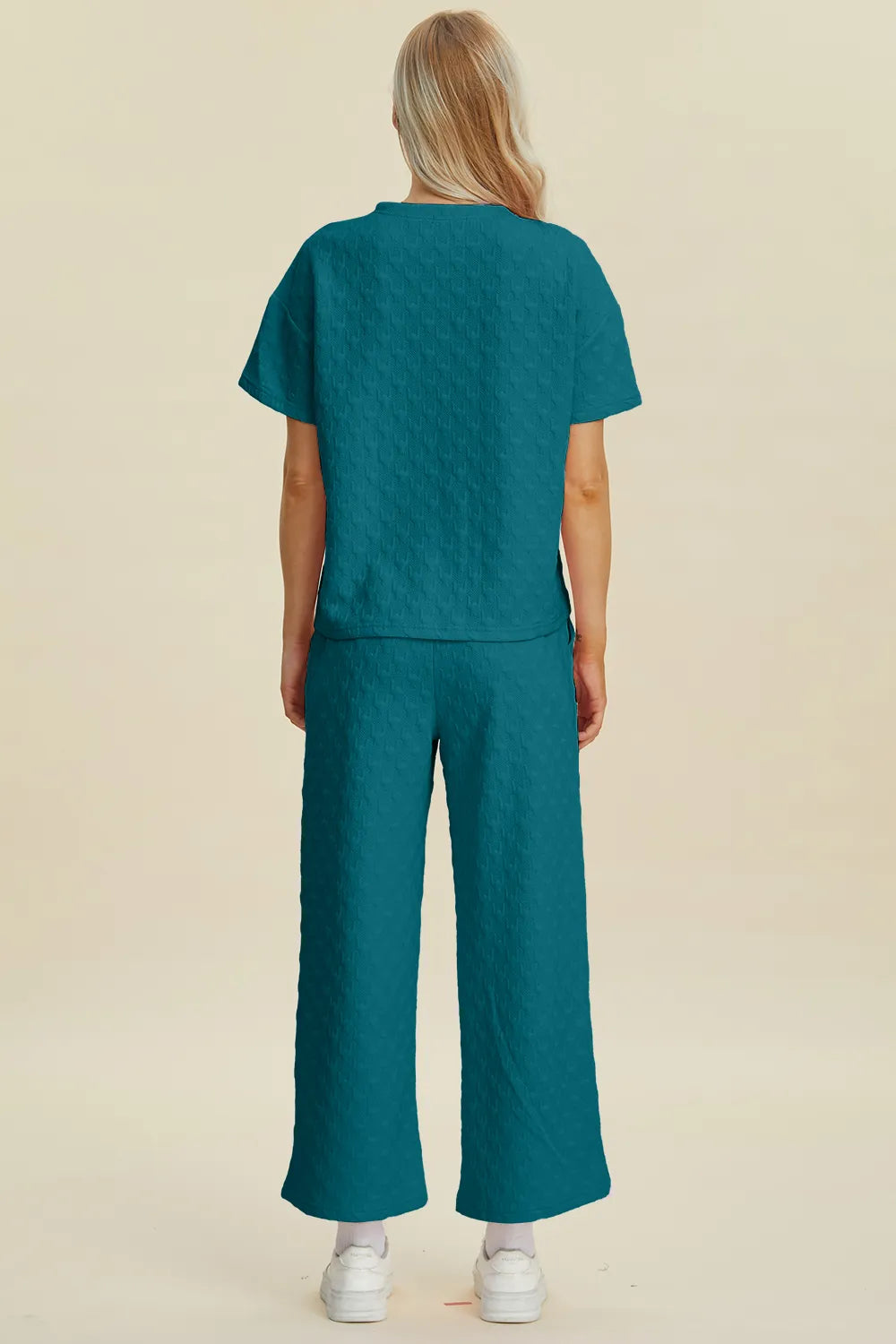 Double Take Full Size Texture Round Neck Short Sleeve Top and Pants Set - Modanista Fashion