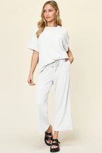 Double Take Full Size Texture Round Neck Short Sleeve T-Shirt and Wide Leg Pants - Modanista Fashion