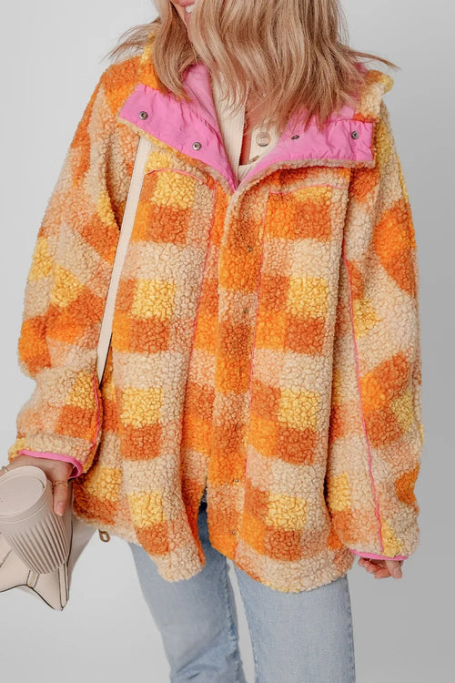 Checkered Long Sleeve Sherpa Hooded Jacket - Modanista Fashion