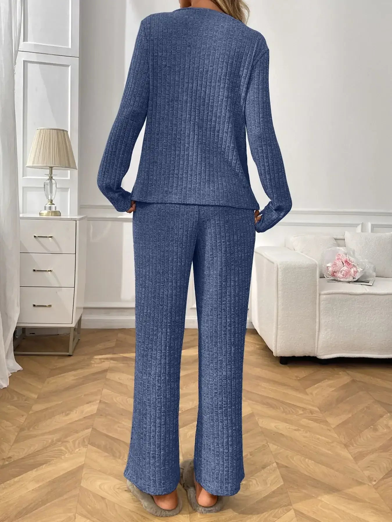 Ribbed Long Sleeve Top and Pants Lounge Set - Modanista Fashion