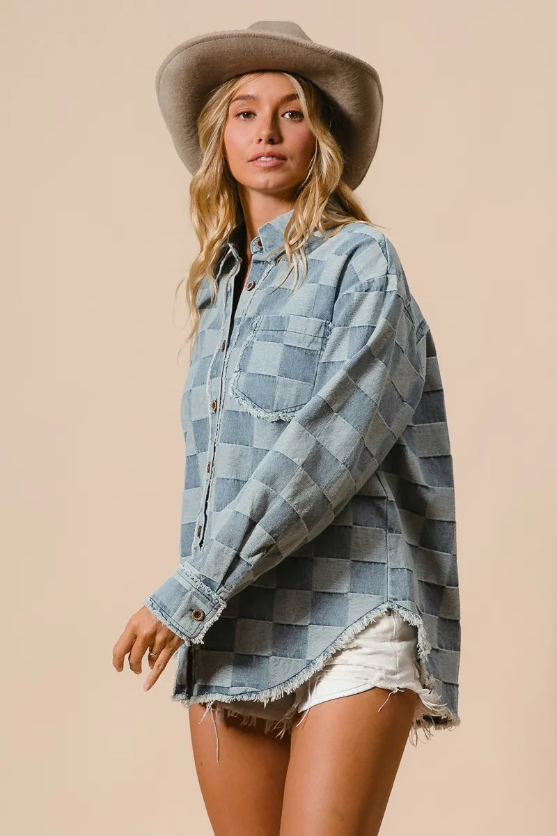 BiBi Frayed Edged Detail Washed Checker Denim Shirt - Modanista Fashion