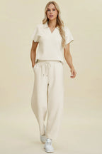 Double Take Full Size Collared Neck Short Sleeve Top and Pants Set - Modanista Fashion