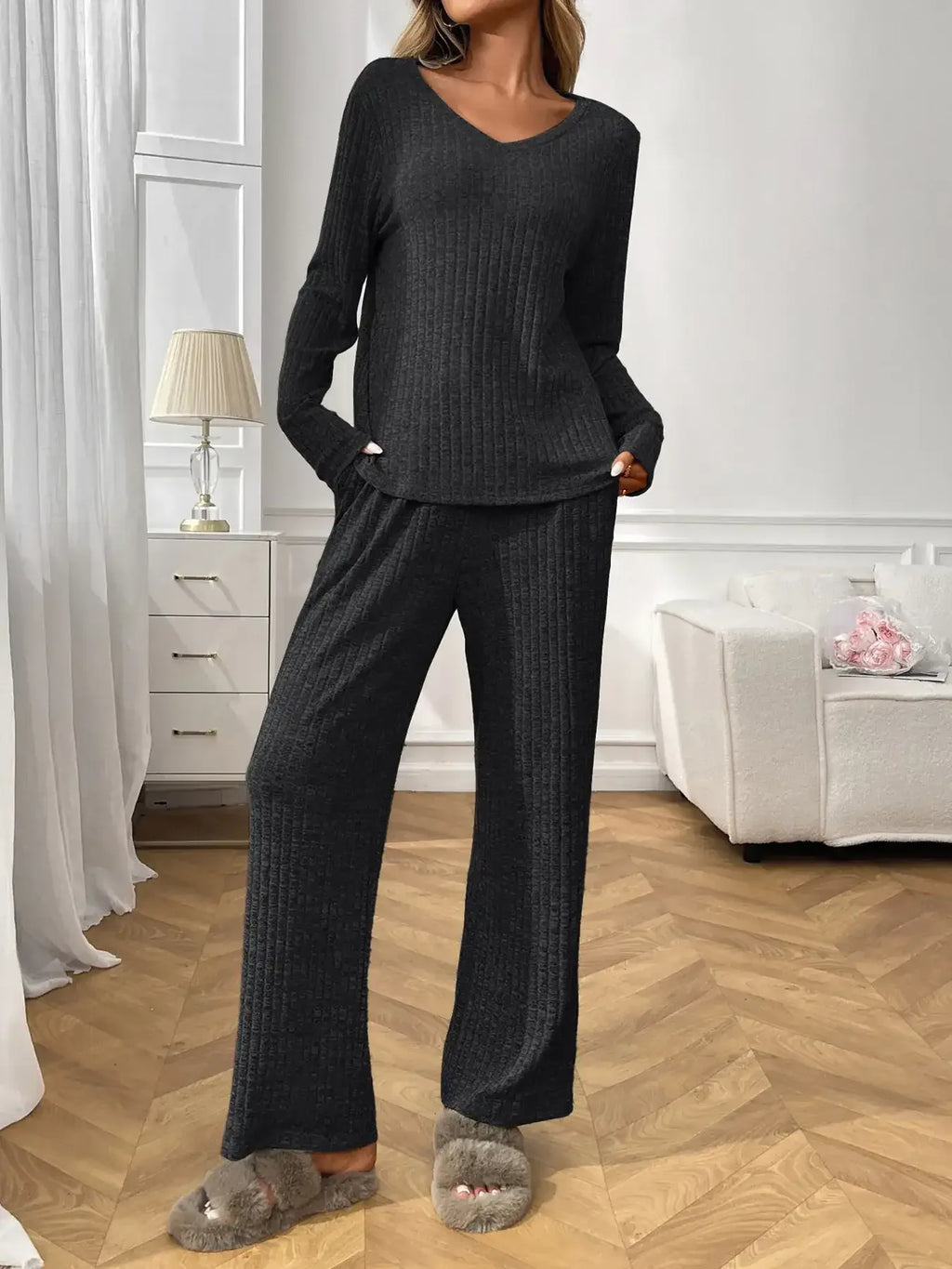 Ribbed Long Sleeve Top and Pants Lounge Set - Modanista Fashion