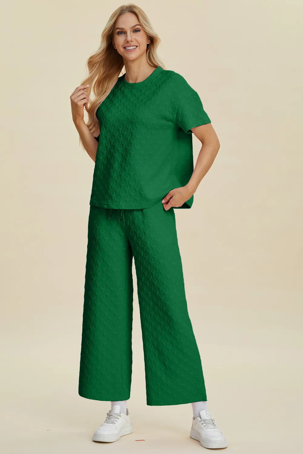 Double Take Full Size Texture Round Neck Short Sleeve Top and Pants Set - Modanista Fashion