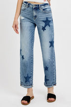 RISEN Full Size Mid Rise Boyfriend Star Shadow Detail Cuffed Jeans Plus Size - Modanista Fashion