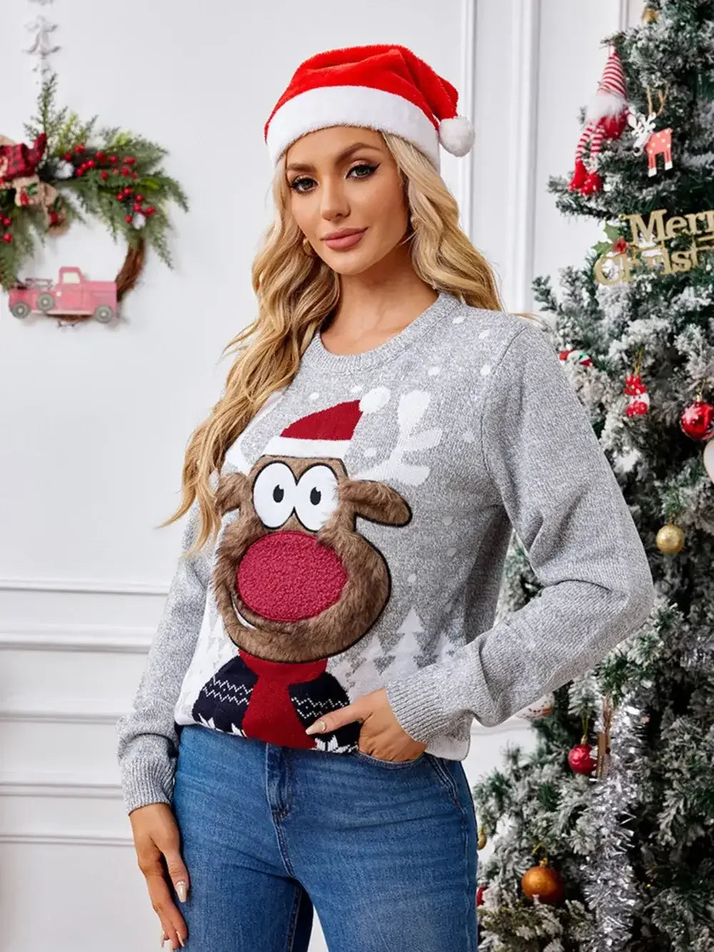 Reindeer Round Neck Long Sleeve Sweater - Modanista Fashion