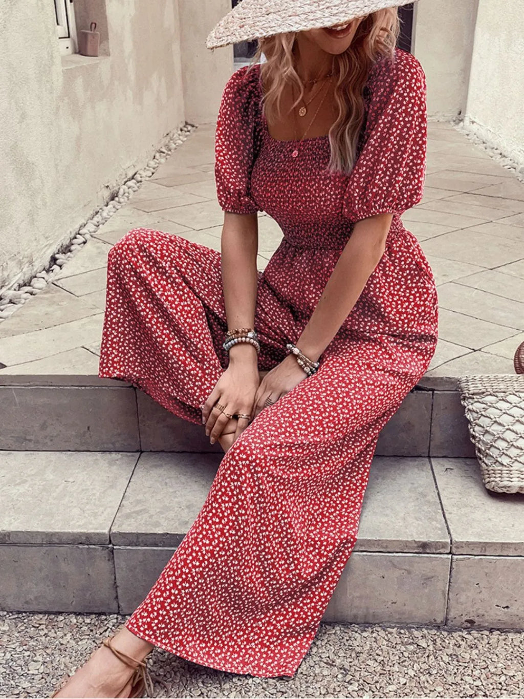Printed Square Neck Puff Sleeve Jumpsuit - Modanista Fashion