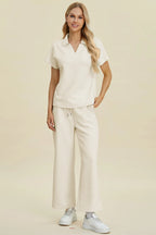 Double Take Full Size Collared Neck Short Sleeve Top and Pants Set - Modanista Fashion