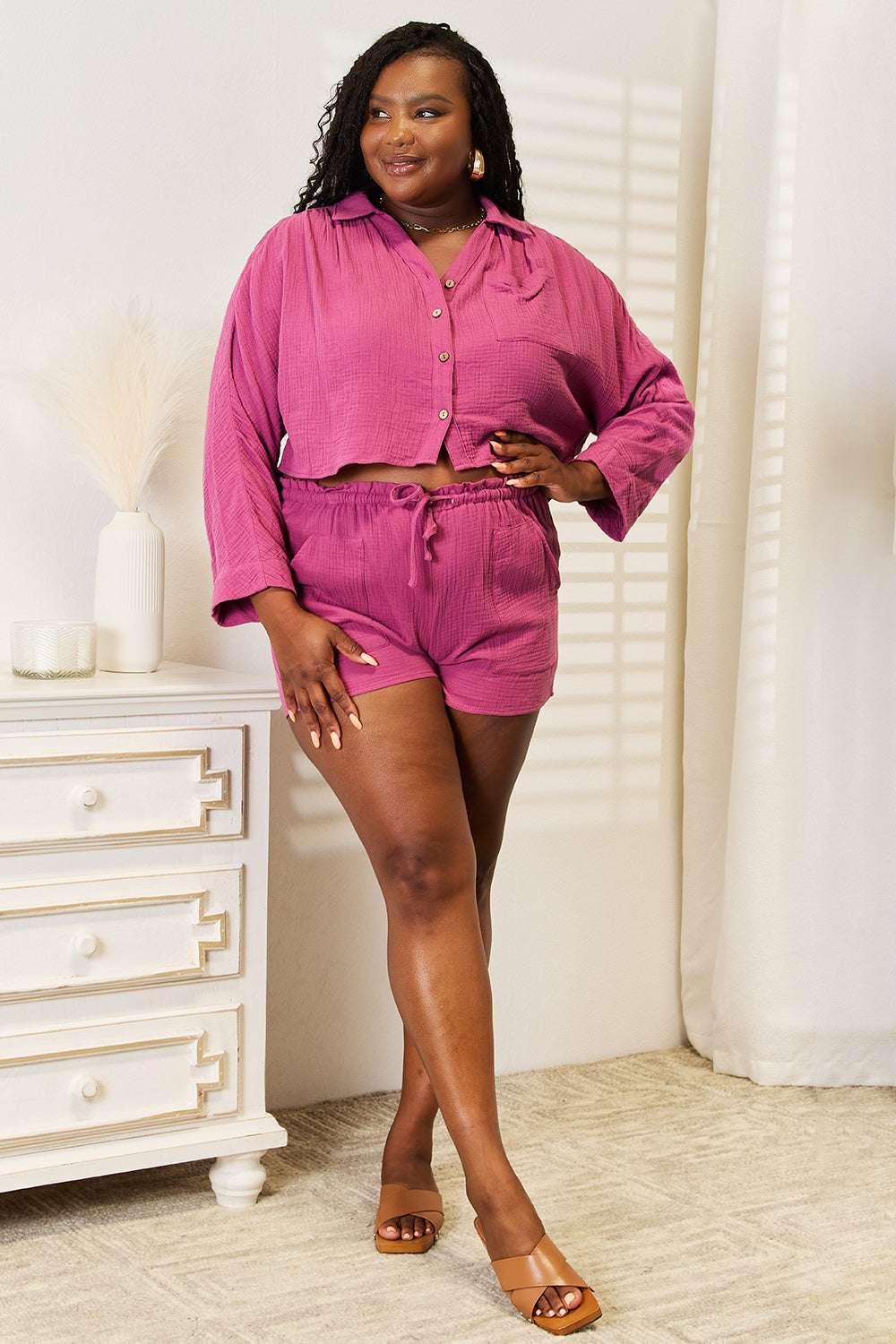 Basic Bae Buttoned Long Sleeve Top and Shorts Set - Modanista Fashion