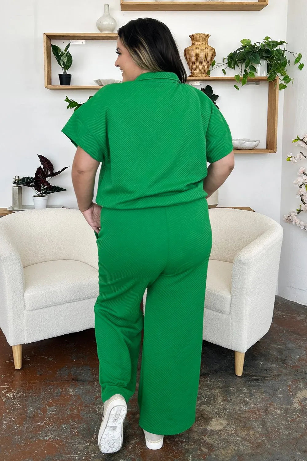 Double Take Full Size Texture Half Zip Short Sleeve Top and Pants Set - Modanista Fashion