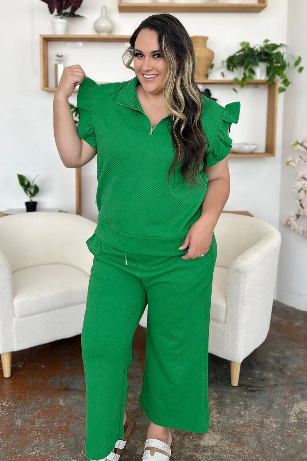 Double Take Texture Ruffle Short Sleeve Top and Drawstring Wide Leg Pants Set - Modanista Fashion