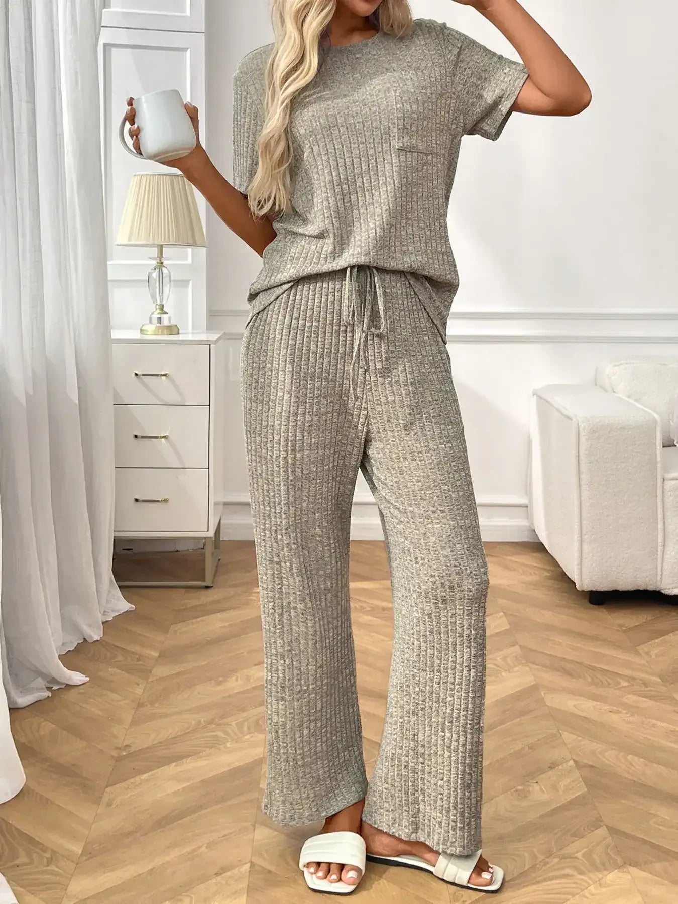 Ribbed Knit Short Sleeve Top and Pants Lounge Set - Modanista Fashion