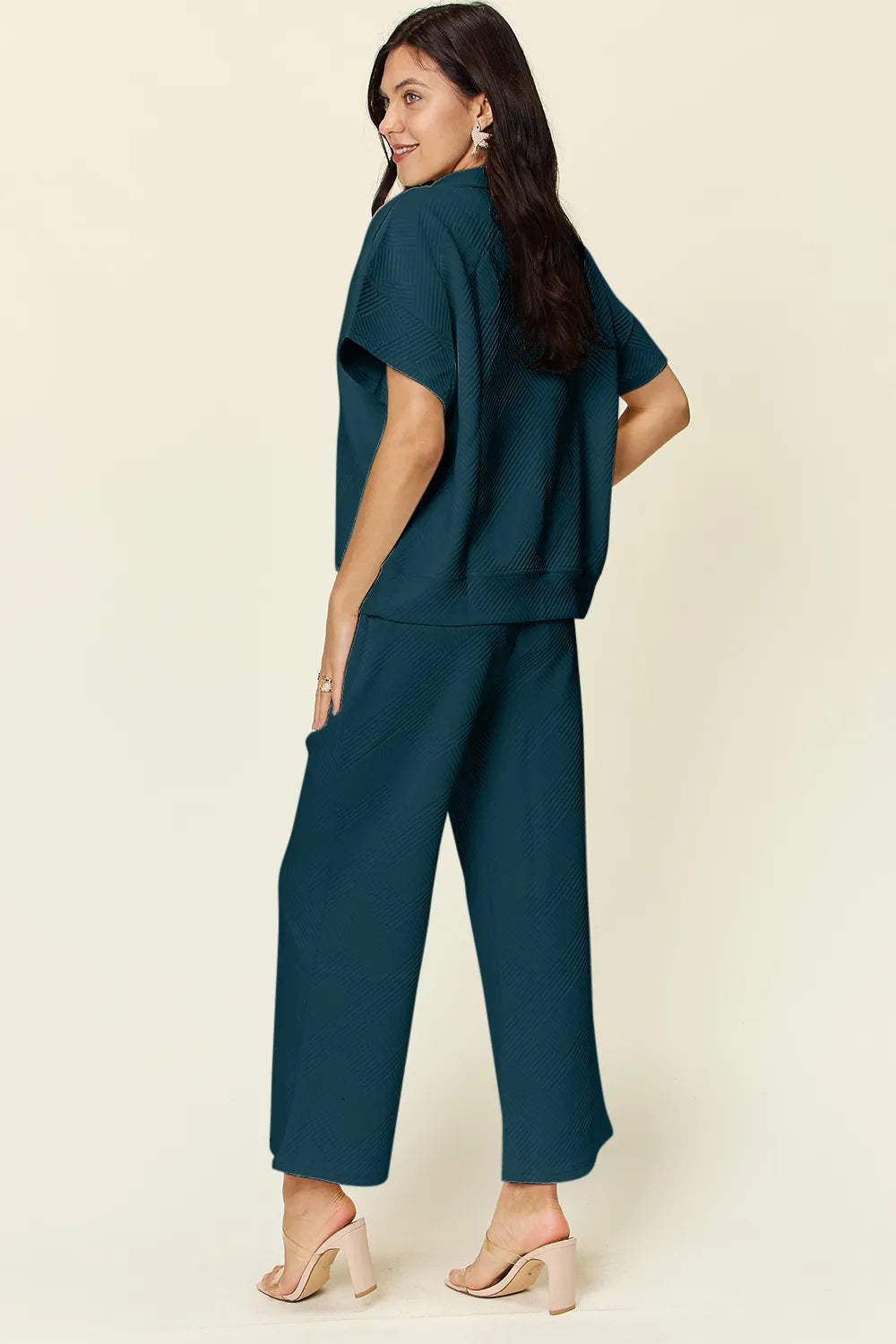 Double Take Full Size Texture Half Zip Short Sleeve Top and Pants Set - Modanista Fashion