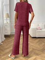 Ribbed Knit Short Sleeve Top and Pants Lounge Set - Modanista Fashion