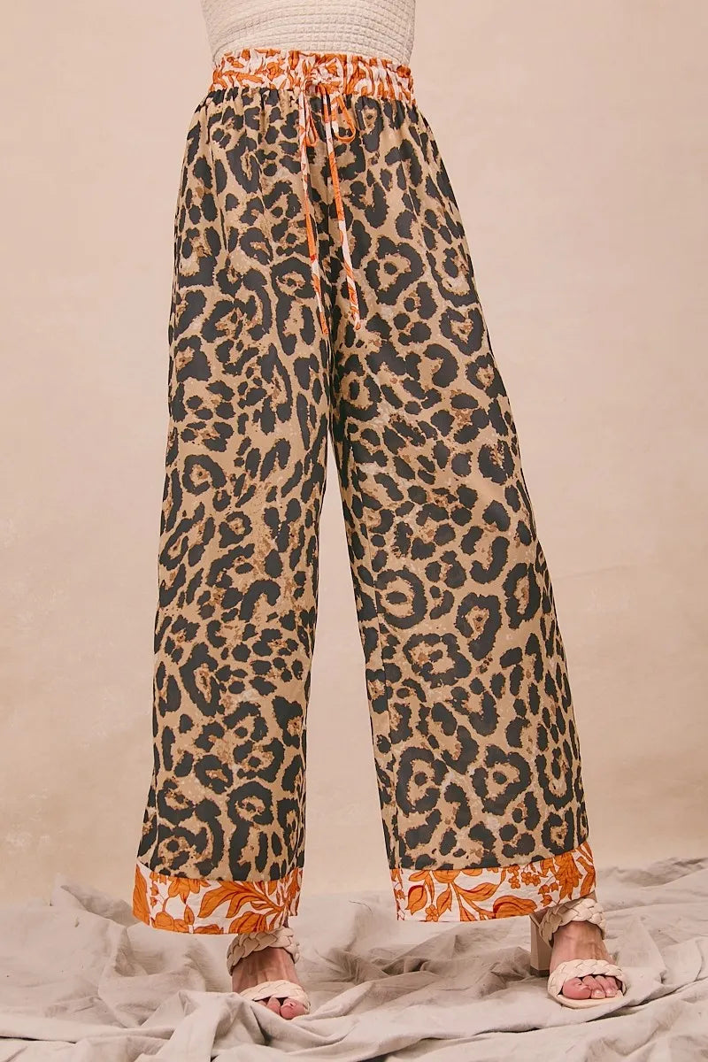 BiBi Leopard Print With Contrast Banded Wide Pants - Modanista Fashion