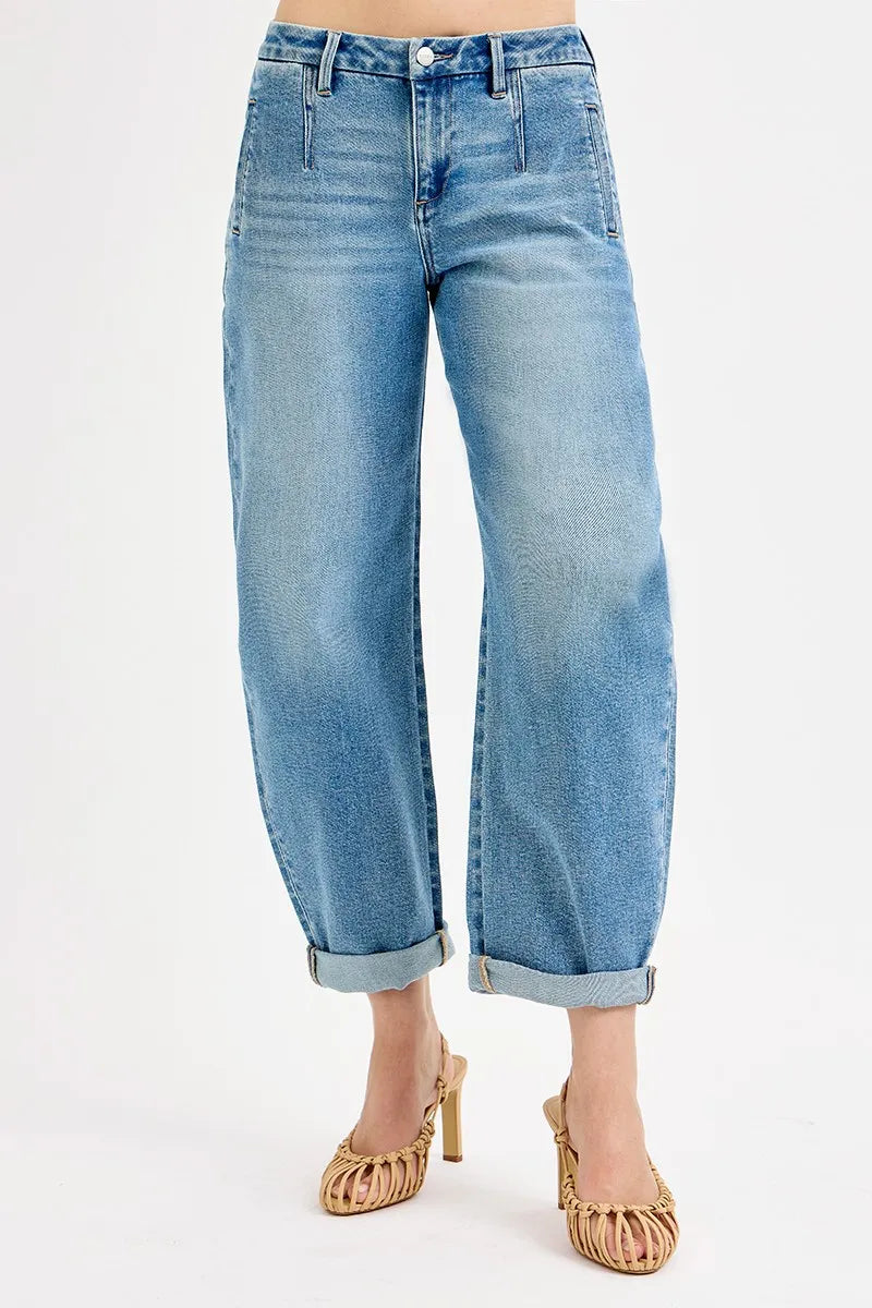 RISEN Full Size Mid Rise Fit Barrel Roll Up Jeans Plus Size - Modanista Fashion